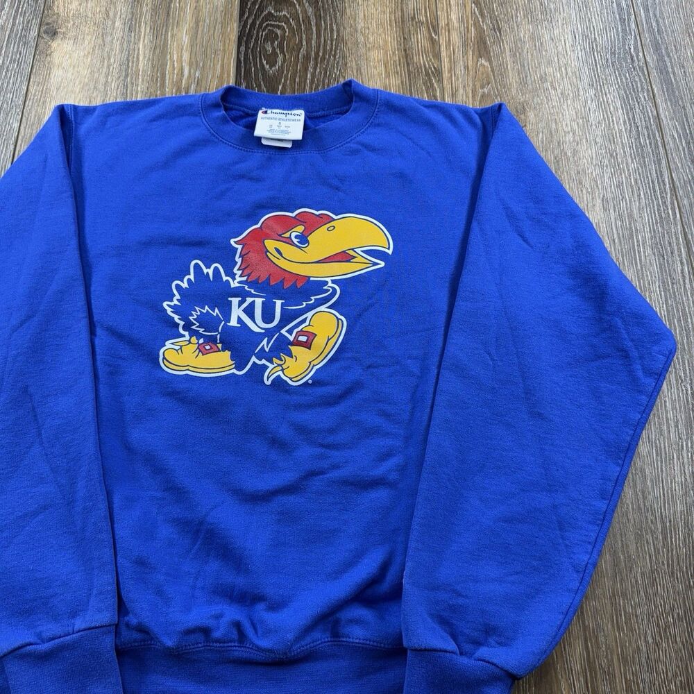 Vintage Kansas Jayhawks Sweatshirt Mens S Blue Champion Team Crewneck Sweater